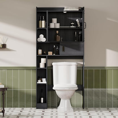 ChooChoo Over The Toilet Storage Cabinet, Farmhouse Bathroom Storage Cabinet with Sliding Door, Over Toilet Storage with Adjustable Shelves, Space-Saving, Black