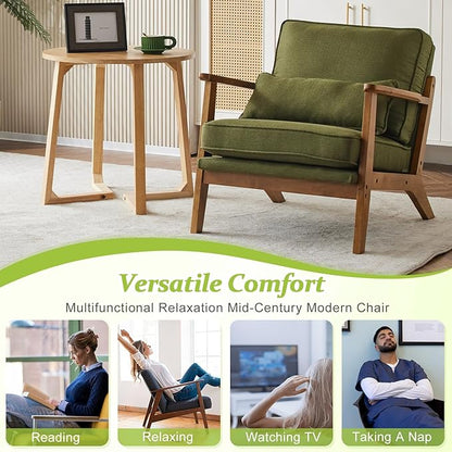 VINGLI Solid Wood Wide Armrests Accent Chair Set of 2,Upholstered Mid Century Modern Chair with Pillow,Farmhouse Arm Chair Comfy Reading Chair,Chairs Living Room,Bedroom,Guest Room,Linen Fabric,Green