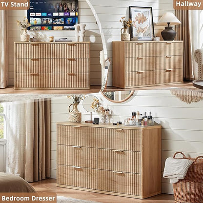 LEYAOYAO Fluted 6 Drawers Dresser Set of 2, 48" Wide Modern Chest of Drawers with Wood Grain Top, Curved Profile Design, Dresser TV Stand, Wooden Drawer Organizer for Bedroom, Living Room,Natural