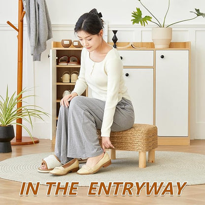 Ottoman Foot Stool Rectangular Footrest Natural Seagrass Footstool with Wooden Legs Hand Weave Multifunctional Modern Dressing Stool, Sofa Side Table for Bedroom for Living Room (Nature)