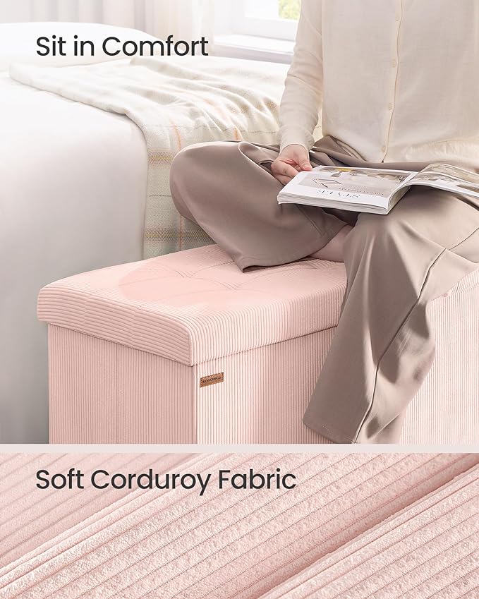 SONGMICS Mazie Collection - Storage Ottoman Bench, Foldable Foot Rest, 15 x 30 x 15 Inches, End of Bed Bench, Storage Chest, Load 660 lb, Living Room, Bedroom, Entryway, Jelly Pink ULSF603R01