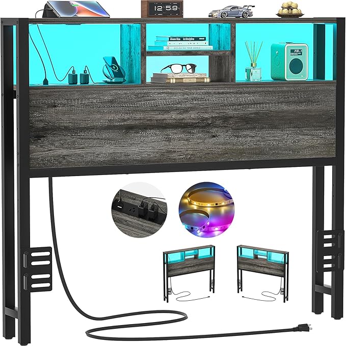 Aheaplus Headboard for Twin Size Bed with Storage, Headboards with Outlets, USB Ports and LED Light, Twin Size Head Board Only, Height Adjustable, Reversible, Sturdy and Stable Headboard, Black Oak