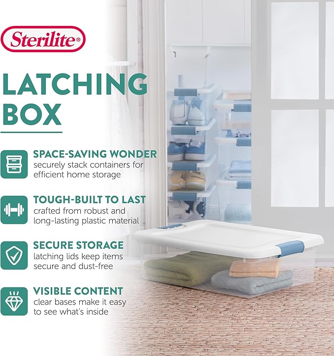 Sterilite 12-Pack Latching Box, Clear Plastic Storage Bins with Lids, 64 & 32 Quart - Heavy-Duty Organizing Containers for Closet and Office