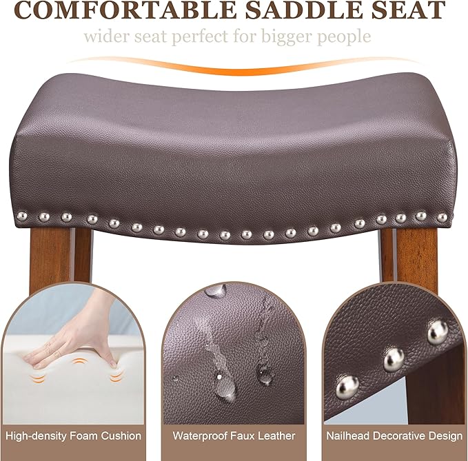 PrimeZone Counter Height Bar Stools Set of 2 - Backless Saddle Barstools with 4.3" Thick Upholstered, Nailhead Trim Faux Leather & Solid Wood Legs, 26 Inch Counter Stools for Kitchen Island, Brown