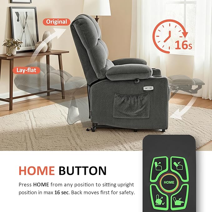 MCombo Large Dual Motor Power Lift Recliner Chair for Elderly, Massage and Heat, Lay Flat, Zero Gravity, Home Button, USB Port, Fabric 7680 (Large, Grey)