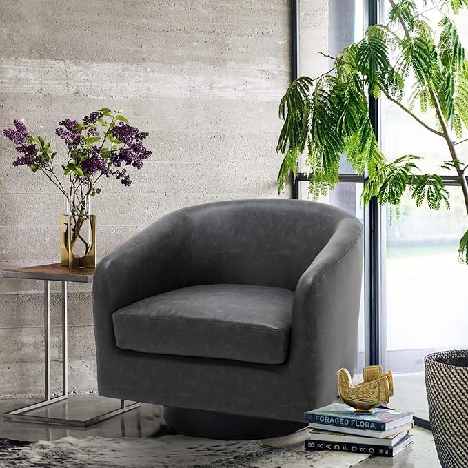 Lumibee Swivel Accent Chair, Faux Leather Swivel Barrel Chair for Living Room, Modern Comfy Upholstered Round Armchair Single Sofa Chair for Bedroom, Club-Black