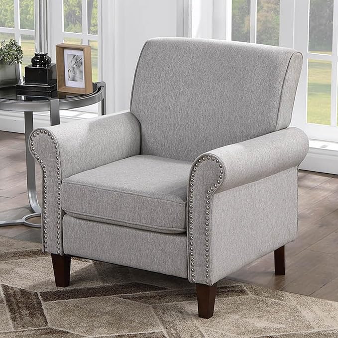 Prilinex Upholstered Living Room Chair - Large Comfy Fabric Accent Chair Single Sofa with Cushion, Rolled Armrest & Nailhead Trim, Mid Century Modern Armchair for Bedroom, Office, Grey