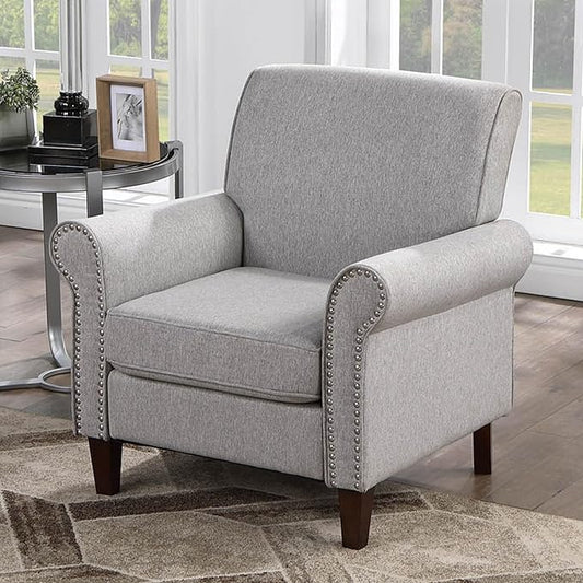 Prilinex Upholstered Living Room Chair - Large Comfy Fabric Accent Chair Single Sofa with Cushion, Rolled Armrest & Nailhead Trim, Mid Century Modern Armchair for Bedroom, Office, Grey