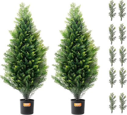 VEVOR Artificial Topiary Cedar Tree, 36 inch Tall (2 Pieces), with Extra Leaves & Pot Faux Evergreen Fake Pine Cypress Trees Plant, UV Rated Artificial Greenery Set for Home Decor Indoor/Outdoor