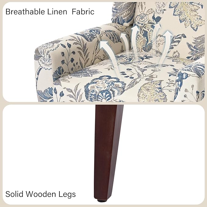 Accent Chair, Modern Linen Blend Arm Chair for Living Room, Bedroom, Comfy High-Resilient Sponge Reading Chair for Small Spaces (Pattern Leaf, Set of 1)