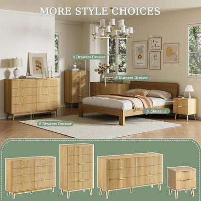 LYNSOM Fluted 8 Drawer Dresser for Bedroom, 55" Wide Modern Chest of Drawers with Curved Profile Design and Metal Handles, Wood Dresser TV Stand & Storage Organizer for Bedroom, Hallway, Oak