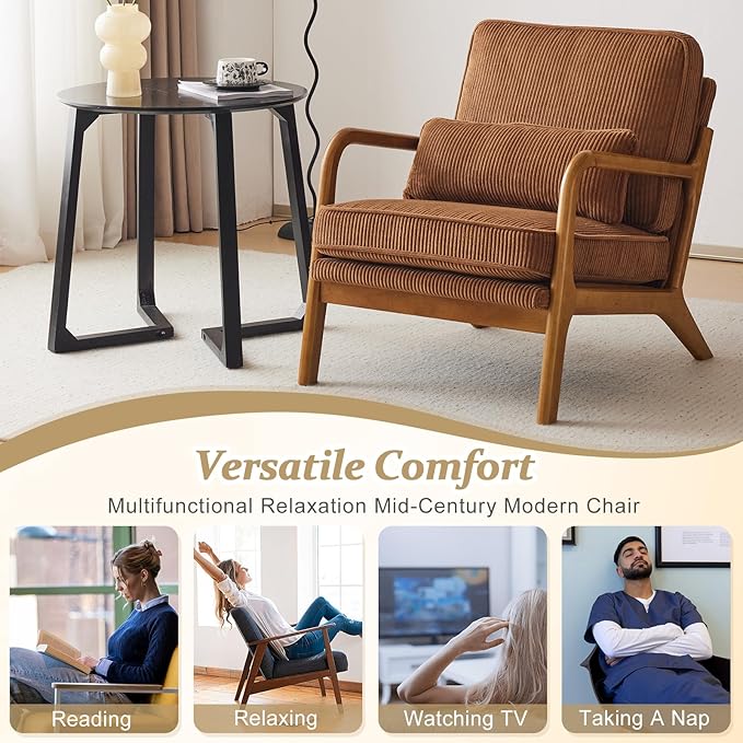 VINGLI Upgraded Premium Corduroy Accent Chair,Upholstered Arm Chair,Solid Wood Comfy Reading Chair with Pillow, Mid Century Modern Chairs for Living Room,Bedroom,Brown