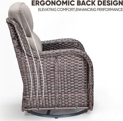 Swivel Patio Chairs sofa Set of 5 with 6" Thick Cushion - Wicker Outdoor Swivel Rocker Patio Chair with Side Table, High Back Comfortable Outdoor Glider Chairs - Brown Wicker | Grey Cushions