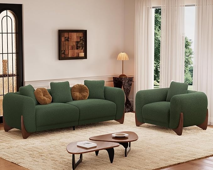 Morden Fort Sherpa Boucle Couch Armchair Single, Modern Sofa Upholstered Deep Chair with Soft Throw Pillow Skin-Friendly Minimalist Accent Chair Compatible with Sofa Set Couch for Living Room, Green