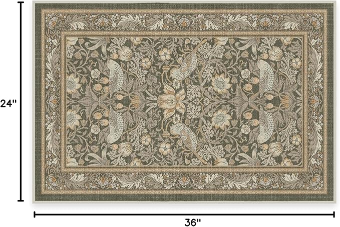 RUGGABLE x Morris & Co Machine Washable Area Rug – Strawberry Thief Stone Gold 2x3, Stain-Resistant, Non-Slip – Small Rugs for Living Room, Bedroom, Hallway, Entryway & Bathroom–with Cushioned Pad