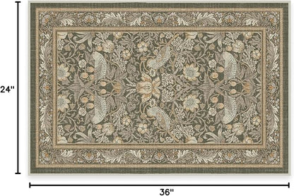RUGGABLE x Morris & Co Machine Washable Area Rug – Strawberry Thief Stone Gold 2x3, Stain-Resistant, Non-Slip – Small Rugs for Living Room, Bedroom, Hallway, Entryway & Bathroom–with Cushioned Pad
