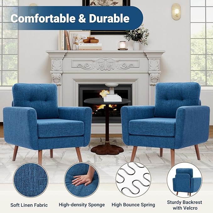 Tbfit Accent Chair, Reading Chair for Living Room & Bedroom, Mid Century Modern Arm Chair, Button Tufted Upholstered Accent Chairs Sofa with Solid Wood Frame (Blue)
