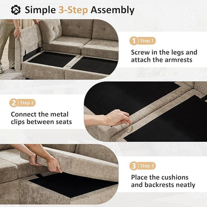VANOMi 4 Seat Modular Cloud Sofa with Ottoman, 118" Modular Sectional Sofas & Couches for Living Room, Cozy Chenille Cloud Sectional Couch Sofas for Living Room, Apartment, Office, Camel, L Shaped