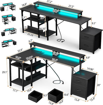 YOUNGAR L Shape Gaming Desk with File Drawers&Power Outlet, 69.3 Inch Reversible 2 Person Desk,Corner L Shape or Long Desk Set up,Monitor Stand &Storage Shelves, LED Lights &CPU Stand,Black