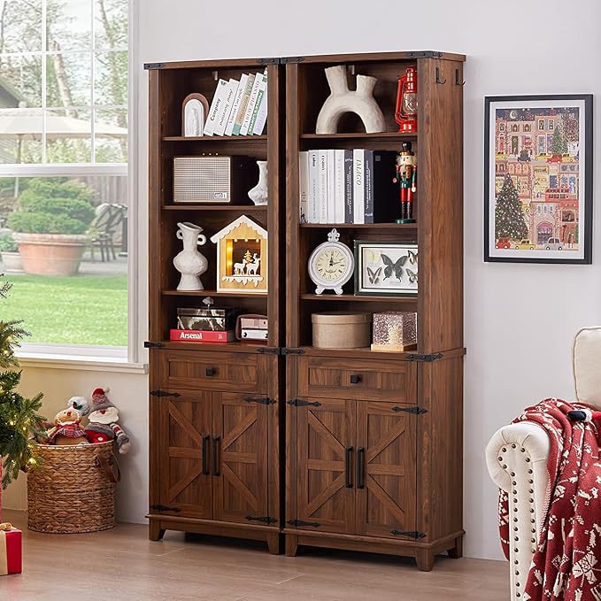 72in Tall Bookshelf 7 Tier Bookcase with Drawer and Barn Doors and Adjustable Shelves, Brown Farmhouse Book Shelf with Storage Cabinet, Wood Freestanding Display Bookshelves for Kitchen (4PCS)
