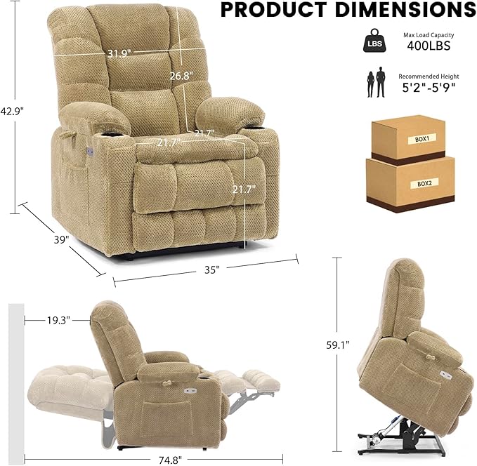 EONIX Dual Motor Lay Flat Lift Chairs Recliner, Power Lift Recliner Chair for Elderly and Adults, 400lbs Heavy Duty Chair Lift with Cup Holders, Charging Ports, Heat and Massage, Beige