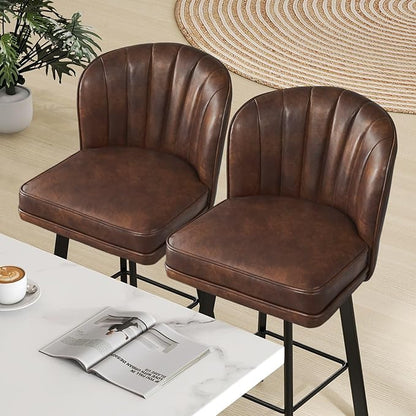 Swivel Counter Height Bar Stools Set of 2, 30'' Modern Barstools with Backs and Metal Legs, Upholstered Bar Chairs, Faux Leather Brown Stools for Kitchen Island Chairs