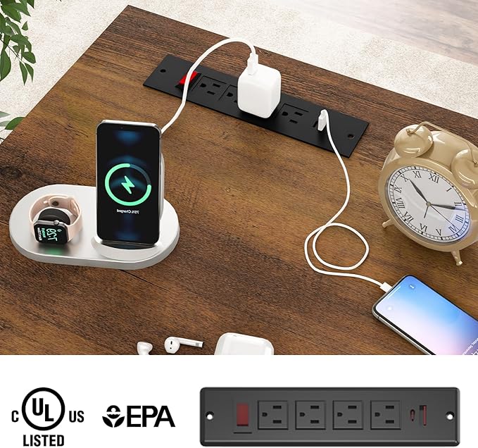 Farmhouse 61'' Executive Desk with 5 Drawers, Rustic Office Desk Computer Desk with Charging Station, File Drawers and Storage Cabinet, Wood Workstation for Home Office and Study, Unique White