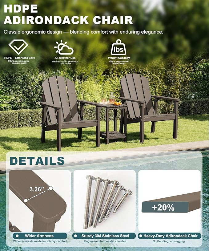 Adirondack Chair, All Weather HDPE Fire Pit Chairs, Oversized Plastic Adirondack Chair for Outdoor, Balcony, Deck, Backyard, Patio, Garden, Poolside, Lawn Brown