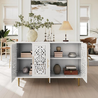 ARTPOWER 47.8" Accent Cabinet with 4 Doors, Vintage Hollow Carving Buffet Cabinet, Sideboards and Buffets with Storage, Credenza for Living Room, Kitchen, Dining Room, Entryway, Hallway, White