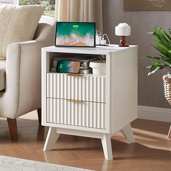 T4TREAM Fluted Nightstand with Charging Station, 18" Modern Side Table with Faux Marble Top, 2 Drawers End Table w/Storage, Bedside Table for Bedroom, Living Room, Curved Profile Design, Solid White
