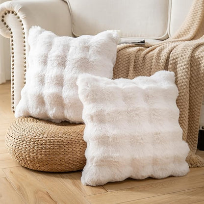 Pack of 2 Thick Plush Throw Pillow Covers Fluffy Wave Faux Fur Decorative Cushion Covers Soft Wool Pillowcase for Sofa Couch Livingroom 16x16 Inch White