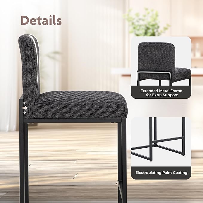 ALPHA HOME 24" Bar Stools Set of 4 Kitchen Counter Stools with Back, Counter Height Stools with Upholstered Footrest for Kitchen Island, Metal Steel Frame, Chenille, Darkgray