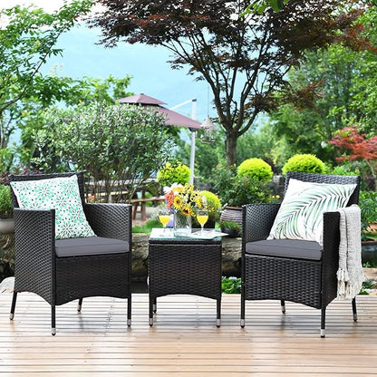 COSTWAY 3 PCS Patio Furniture Set, Outdoor Wicker Conversation Set with Tempered Glass Coffee Table, Seat Cushions, Rattan Wicker Chairs for Poolside Balcony Porch Backyard, Gray