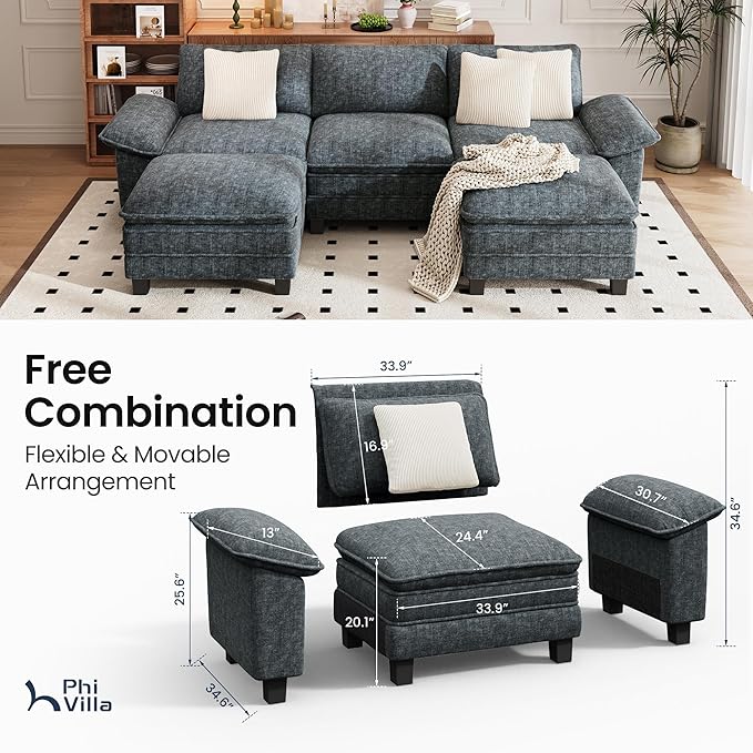 PHI VILLA Cloud Modular Couch Sets, 123.6" Sectional Sofa with U-Shaped Chaise, 5-Seater Couches with 2 Movable Ottomans for Living Room, Chenille Fabric, Dark Cyan