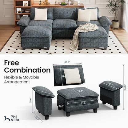 PHI VILLA Cloud Modular Couch Sets, 123.6" Sectional Sofa with U-Shaped Chaise, 5-Seater Couches with 2 Movable Ottomans for Living Room, Chenille Fabric, Dark Cyan