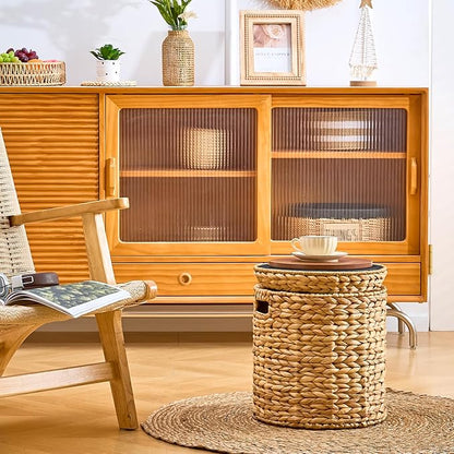 Wimarsbon Round Pouf Ottomans, Handwoven Natural Water Hyacinth Seagrass Pouffe,Outdoor Rattan Stool Accent Seat, Bohemian Coastal Home Decor (Storage - 14inch Water Hyacinth Braid)