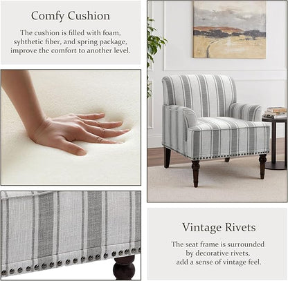 Pia Ricco Stripe Accent Chair-Modern Nailhead Trim & Wood Legs Armchair - Comfy Living Room, Bedroom, or Home Office Seating-Gary