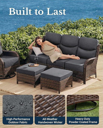 HILLGA Luxury Patio Furniture Set with 6-Inch Thick Cushions, High Back Outdoor Swivel Rocker Chairs and Patio Couch, 7-Piece All Weather Conversation Set for Porch Deck Pool Yard, Dark Grey (V3)