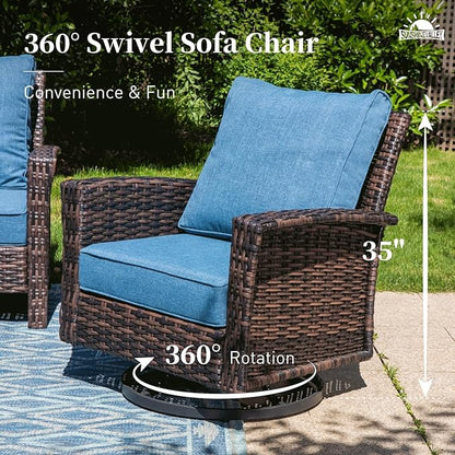 Patio Wicker Swivel Chairs Set of 2, Outdoor High Back Chairs with 5.5" Waterproof Cushions and Side Table, Outdoor Furniture Set for Deck Porch and Yard, Peacock Blue