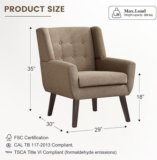 HUIMO Accent Chairs for Living Room,Linen Button-Tufted Upholstered Armchair with Wooden Legs,Comfy Mid Century Modern Chair for Bedroom Apartment Waiting Room Brown