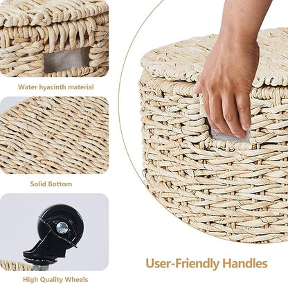 Wimarsbon Round Pouf Ottomans, Handwoven Natural Water Hyacinth Seagrass Pouffe,Outdoor Rattan Stool Accent Seat, Bohemian Coastal Home Decor (Storage Ottoman - Corn Husk)
