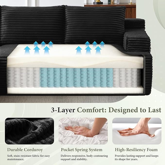 96''Sectional Couches for Living Room,Modern Modular Sectional Sofa,Upholstered Boneless Couch with Pockets,Comfy Cloud Couch with L Shaped Chaise (Black, 96''W Left Facing Chaise)