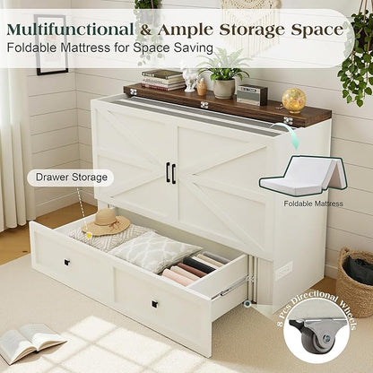 Queen Murphy Bed with 6" Tri-Fold Memory Foam Mattress, Storage Drawer & Charging Station, Space-Saving Design for Home Office or Guest Room, White