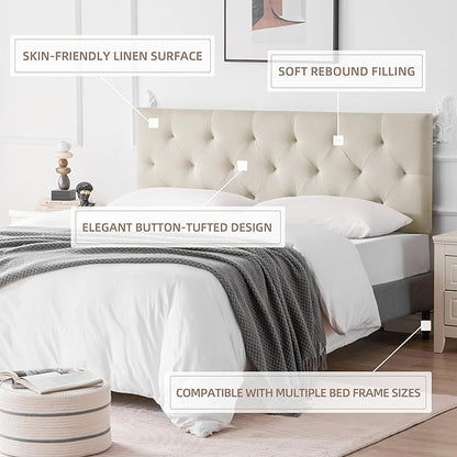 Linen Upholstered Headboard King Size, Modern Diamond Tufting Solid Wood California King Headboard Only, Adjustable Height from 37” to 51” Head Board, Bed Frame or Wall Mount Headboards, Beige