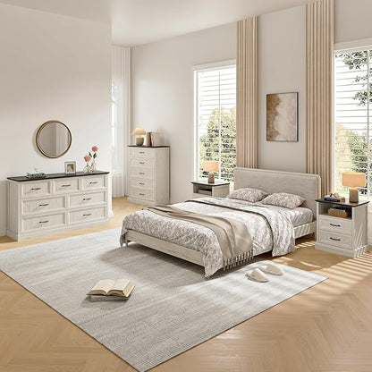 Farmhouse Dresser and Nightstand Sets, 4Pcs Bedroom Furniture Set, Nightstand Set of 2 & 55" Wide 7 Drawer and 44" Tall 5 Drawer Dresser with Large Drawers & Bar Handles, White