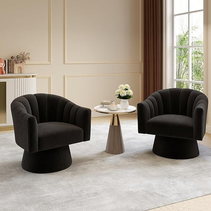 Swivel Accent Chair,Upholstered Velvet 360° Swivel Barrel Chair for Living Room Overstuffed Bouncle Reading Chair Round Armchair for Bedroom,Vanity,Office(Black)