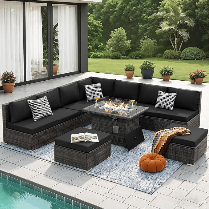 NICESOUL 10 Pcs Outdoor Sectional Set with Natural Gas/Propane Firepit Table, 29.3'' High-Back Patio Furniture Sofa Set, Oversized Rattan Couches for Backyard Garden Lawn, 2 Color Cushion Black & Gray