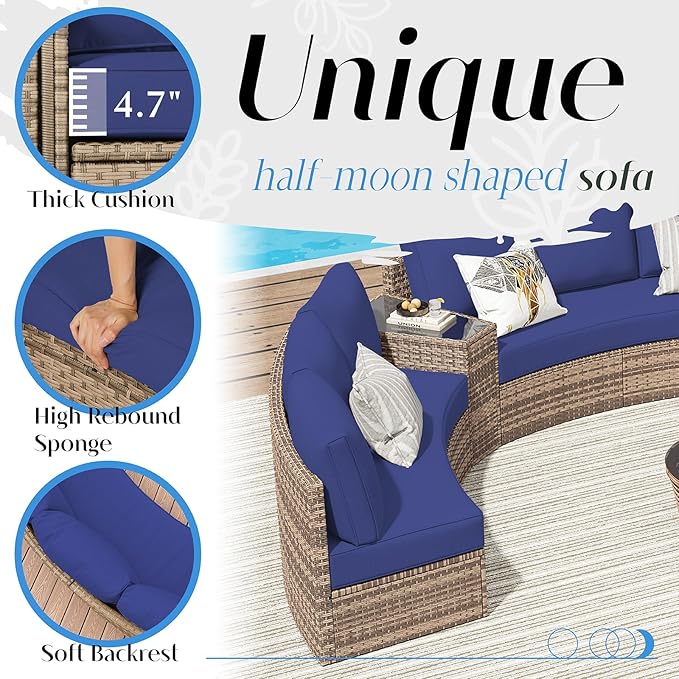 Patio Furniture Sets, 11 Piece Half-Moon Sectional Round Sofa Set, Outdoor Patio Furniture with Cushions & Wedge Table for Beach, Pool, Balcony, Blue