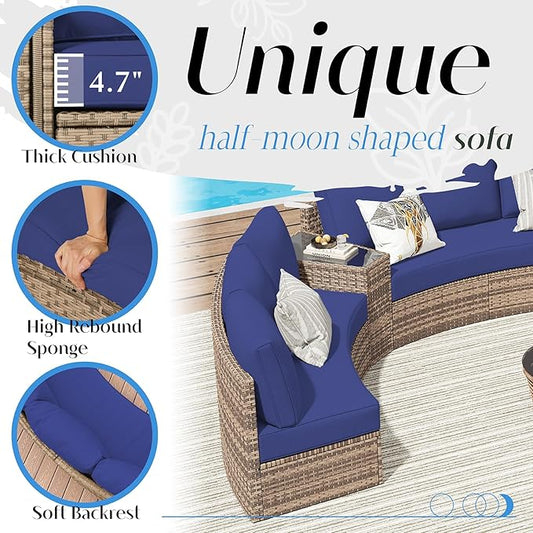 Patio Furniture Sets, 11 Piece Half-Moon Sectional Round Sofa Set, Outdoor Patio Furniture with Cushions & Wedge Table for Beach, Pool, Balcony, Blue