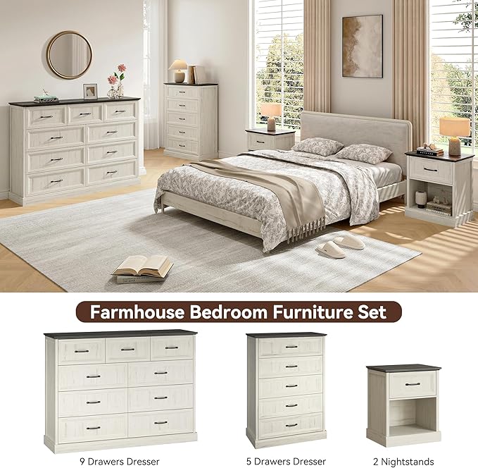 Farmhouse Dresser and Nightstand Sets, 4Pcs Bedroom Furniture Set, Nightstand Set of 2 & 55" Wide 9 Drawer and 44" Tall 5 Drawer Dresser with Large Drawers & Bar Handles, White